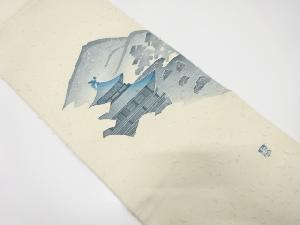 作家物　ひげ紬　寺院風景模様開き名古屋帯（額縁仕立て）